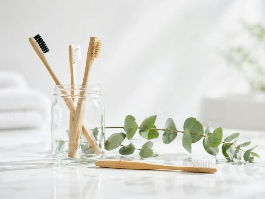Bamboo toothbrushes in a glass jar